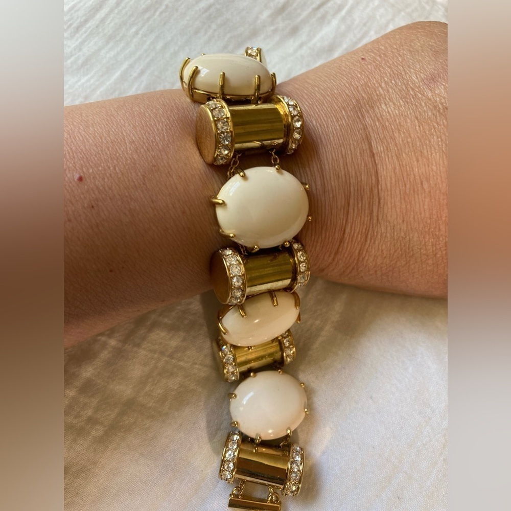 Lele Sadoughi Designer‎ Gold Plated Cream Cabochon & Crystal Panel Bracel…